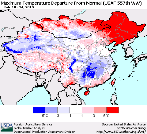 China and Taiwan Mean Maximum Temperature Departure from Normal (USAF 557th WW) Thematic Map For 2/18/2019 - 2/24/2019