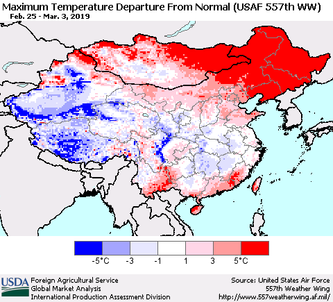 China and Taiwan Mean Maximum Temperature Departure from Normal (USAF 557th WW) Thematic Map For 2/25/2019 - 3/3/2019