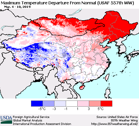 China and Taiwan Mean Maximum Temperature Departure from Normal (USAF 557th WW) Thematic Map For 3/4/2019 - 3/10/2019