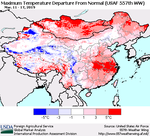 China and Taiwan Mean Maximum Temperature Departure from Normal (USAF 557th WW) Thematic Map For 3/11/2019 - 3/17/2019