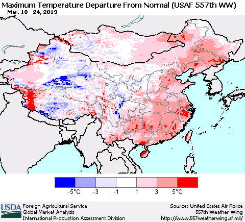 China and Taiwan Mean Maximum Temperature Departure from Normal (USAF 557th WW) Thematic Map For 3/18/2019 - 3/24/2019
