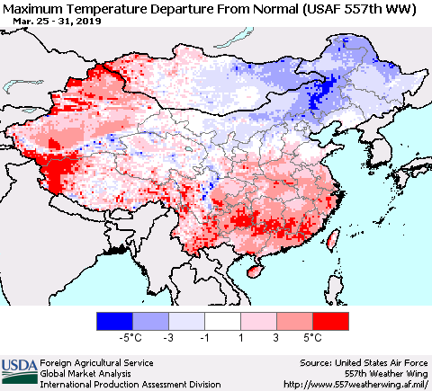 China, Mongolia and Taiwan Mean Maximum Temperature Departure from Normal (USAF 557th WW) Thematic Map For 3/25/2019 - 3/31/2019