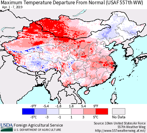 China and Taiwan Maximum Temperature Departure From Normal (USAF 557th WW) Thematic Map For 4/1/2019 - 4/7/2019