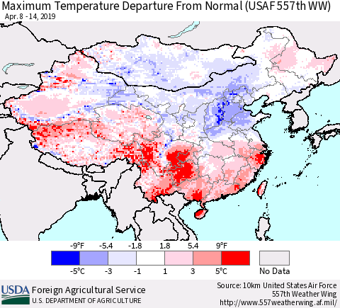 China and Taiwan Mean Maximum Temperature Departure from Normal (USAF 557th WW) Thematic Map For 4/8/2019 - 4/14/2019