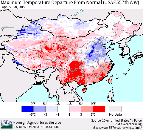China, Mongolia and Taiwan Mean Maximum Temperature Departure from Normal (USAF 557th WW) Thematic Map For 4/22/2019 - 4/28/2019