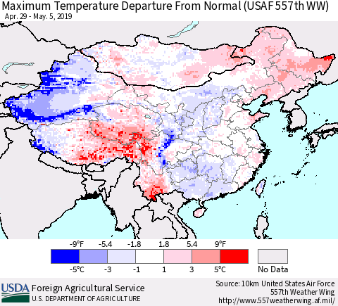 China and Taiwan Mean Maximum Temperature Departure from Normal (USAF 557th WW) Thematic Map For 4/29/2019 - 5/5/2019