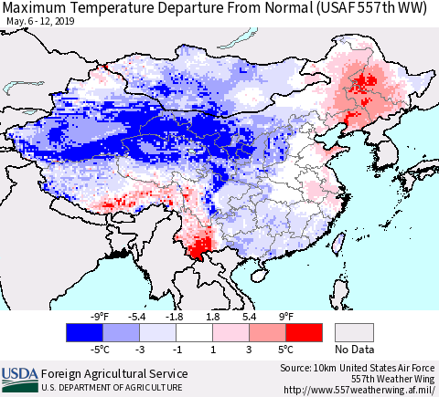 China and Taiwan Maximum Temperature Departure From Normal (USAF 557th WW) Thematic Map For 5/6/2019 - 5/12/2019