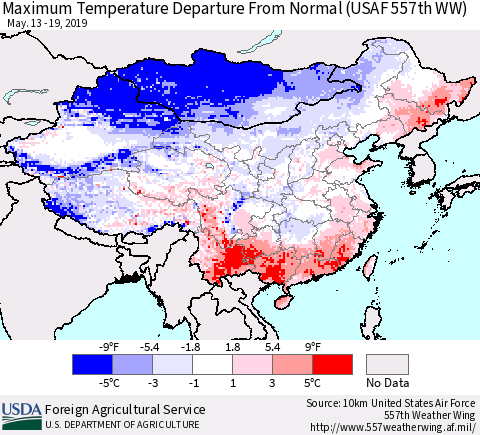 China, Mongolia and Taiwan Mean Maximum Temperature Departure from Normal (USAF 557th WW) Thematic Map For 5/13/2019 - 5/19/2019