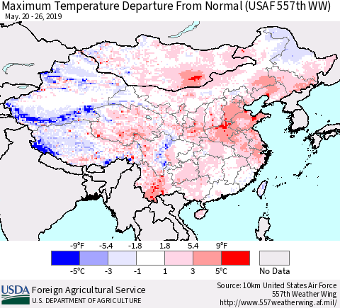 China, Mongolia and Taiwan Mean Maximum Temperature Departure from Normal (USAF 557th WW) Thematic Map For 5/20/2019 - 5/26/2019