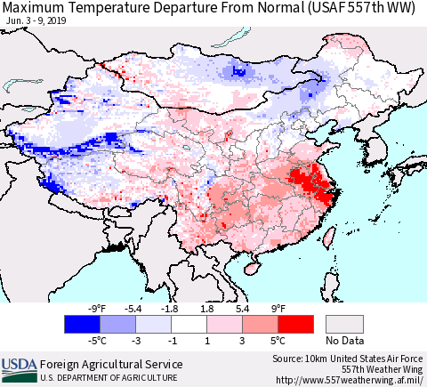 China and Taiwan Maximum Temperature Departure From Normal (USAF 557th WW) Thematic Map For 6/3/2019 - 6/9/2019