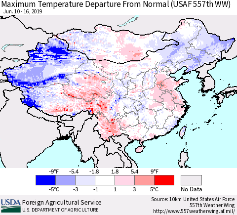 China, Mongolia and Taiwan Mean Maximum Temperature Departure from Normal (USAF 557th WW) Thematic Map For 6/10/2019 - 6/16/2019