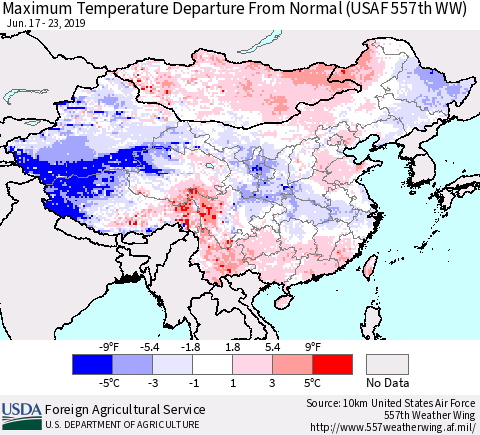 China and Taiwan Mean Maximum Temperature Departure from Normal (USAF 557th WW) Thematic Map For 6/17/2019 - 6/23/2019