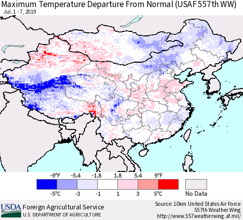 China, Mongolia and Taiwan Mean Maximum Temperature Departure from Normal (USAF 557th WW) Thematic Map For 7/1/2019 - 7/7/2019