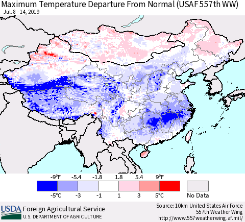 China and Taiwan Maximum Temperature Departure From Normal (USAF 557th WW) Thematic Map For 7/8/2019 - 7/14/2019