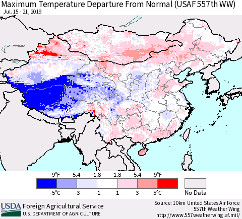 China and Taiwan Maximum Temperature Departure From Normal (USAF 557th WW) Thematic Map For 7/15/2019 - 7/21/2019