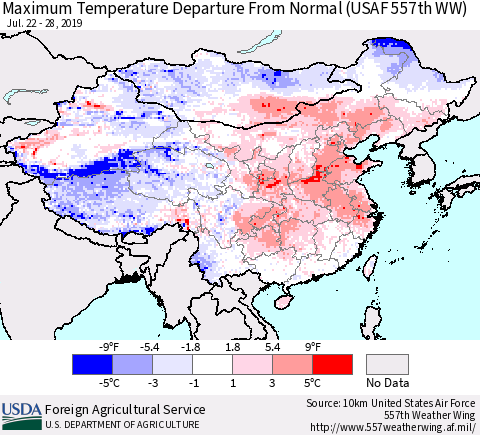 China and Taiwan Maximum Temperature Departure From Normal (USAF 557th WW) Thematic Map For 7/22/2019 - 7/28/2019