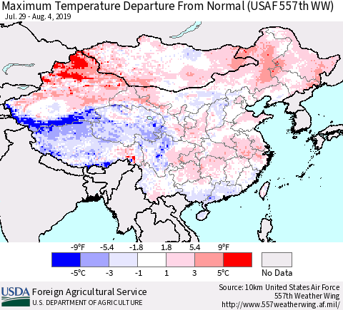 China and Taiwan Maximum Temperature Departure From Normal (USAF 557th WW) Thematic Map For 7/29/2019 - 8/4/2019