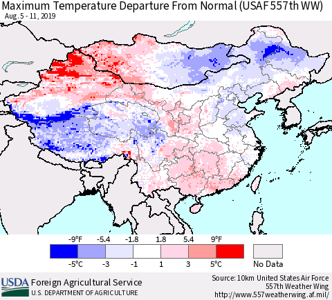 China and Taiwan Maximum Temperature Departure From Normal (USAF 557th WW) Thematic Map For 8/5/2019 - 8/11/2019