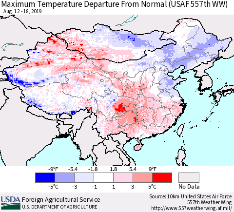 China and Taiwan Maximum Temperature Departure From Normal (USAF 557th WW) Thematic Map For 8/12/2019 - 8/18/2019