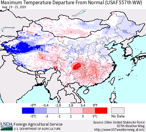 China and Taiwan Maximum Temperature Departure From Normal (USAF 557th WW) Thematic Map For 8/19/2019 - 8/25/2019