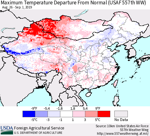 China and Taiwan Maximum Temperature Departure From Normal (USAF 557th WW) Thematic Map For 8/26/2019 - 9/1/2019