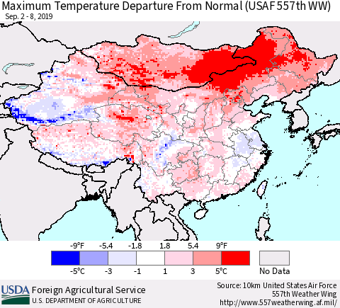 China and Taiwan Maximum Temperature Departure From Normal (USAF 557th WW) Thematic Map For 9/2/2019 - 9/8/2019