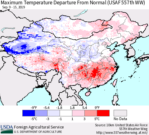 China and Taiwan Maximum Temperature Departure From Normal (USAF 557th WW) Thematic Map For 9/9/2019 - 9/15/2019