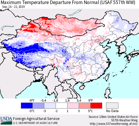 China, Mongolia and Taiwan Mean Maximum Temperature Departure from Normal (USAF 557th WW) Thematic Map For 9/16/2019 - 9/22/2019