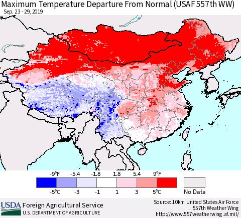 China, Mongolia and Taiwan Mean Maximum Temperature Departure from Normal (USAF 557th WW) Thematic Map For 9/23/2019 - 9/29/2019