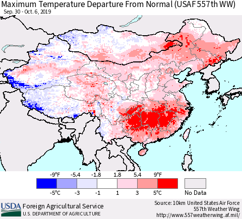 China and Taiwan Maximum Temperature Departure From Normal (USAF 557th WW) Thematic Map For 9/30/2019 - 10/6/2019