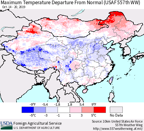 China and Taiwan Maximum Temperature Departure From Normal (USAF 557th WW) Thematic Map For 10/14/2019 - 10/20/2019