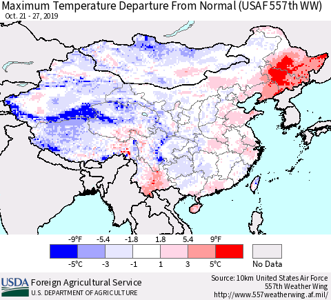 China, Mongolia and Taiwan Mean Maximum Temperature Departure from Normal (USAF 557th WW) Thematic Map For 10/21/2019 - 10/27/2019