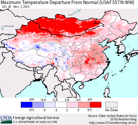 China, Mongolia and Taiwan Mean Maximum Temperature Departure from Normal (USAF 557th WW) Thematic Map For 10/28/2019 - 11/3/2019
