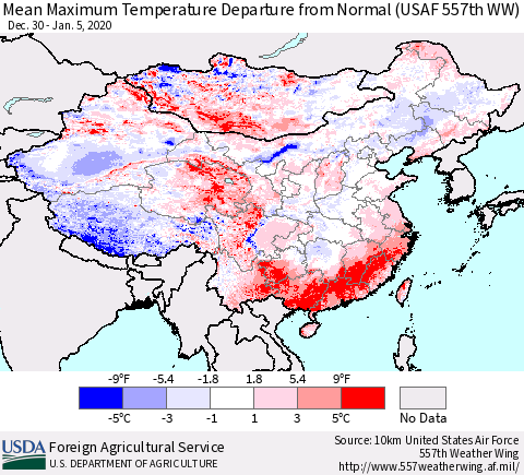 China, Mongolia and Taiwan Mean Maximum Temperature Departure from Normal (USAF 557th WW) Thematic Map For 12/30/2019 - 1/5/2020