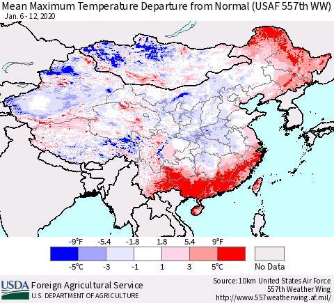 China, Mongolia and Taiwan Mean Maximum Temperature Departure from Normal (USAF 557th WW) Thematic Map For 1/6/2020 - 1/12/2020