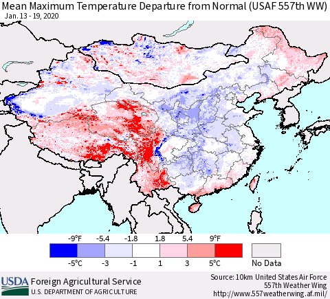 China, Mongolia and Taiwan Mean Maximum Temperature Departure from Normal (USAF 557th WW) Thematic Map For 1/13/2020 - 1/19/2020