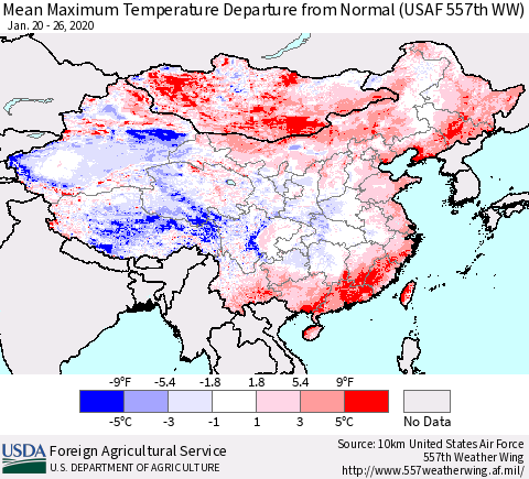 China, Mongolia and Taiwan Mean Maximum Temperature Departure from Normal (USAF 557th WW) Thematic Map For 1/20/2020 - 1/26/2020