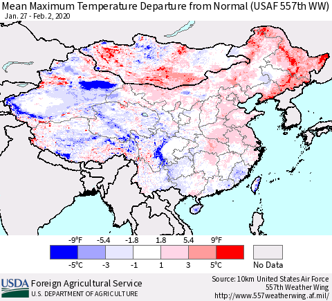 China, Mongolia and Taiwan Mean Maximum Temperature Departure from Normal (USAF 557th WW) Thematic Map For 1/27/2020 - 2/2/2020