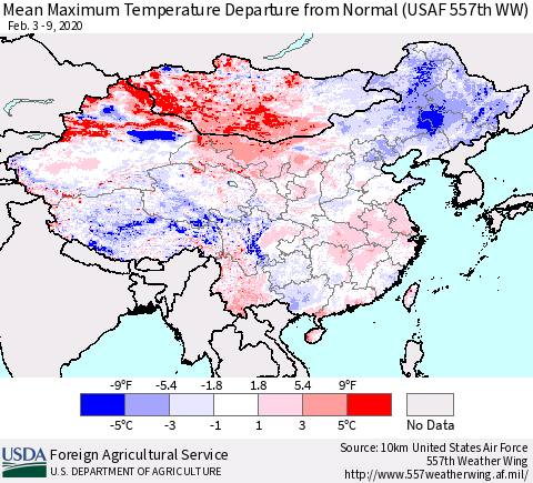 China, Mongolia and Taiwan Mean Maximum Temperature Departure from Normal (USAF 557th WW) Thematic Map For 2/3/2020 - 2/9/2020