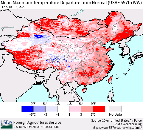 China, Mongolia and Taiwan Mean Maximum Temperature Departure from Normal (USAF 557th WW) Thematic Map For 2/10/2020 - 2/16/2020