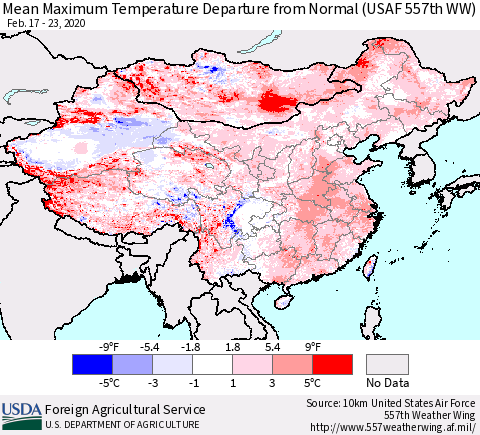 China, Mongolia and Taiwan Mean Maximum Temperature Departure from Normal (USAF 557th WW) Thematic Map For 2/17/2020 - 2/23/2020