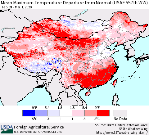 China, Mongolia and Taiwan Mean Maximum Temperature Departure from Normal (USAF 557th WW) Thematic Map For 2/24/2020 - 3/1/2020