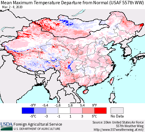 China, Mongolia and Taiwan Mean Maximum Temperature Departure from Normal (USAF 557th WW) Thematic Map For 3/2/2020 - 3/8/2020