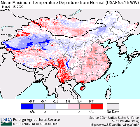 China, Mongolia and Taiwan Mean Maximum Temperature Departure from Normal (USAF 557th WW) Thematic Map For 3/9/2020 - 3/15/2020