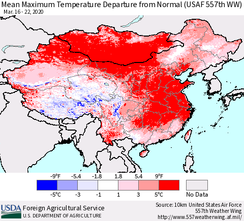 China, Mongolia and Taiwan Mean Maximum Temperature Departure from Normal (USAF 557th WW) Thematic Map For 3/16/2020 - 3/22/2020