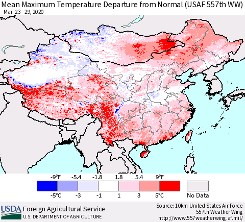 China, Mongolia and Taiwan Mean Maximum Temperature Departure from Normal (USAF 557th WW) Thematic Map For 3/23/2020 - 3/29/2020