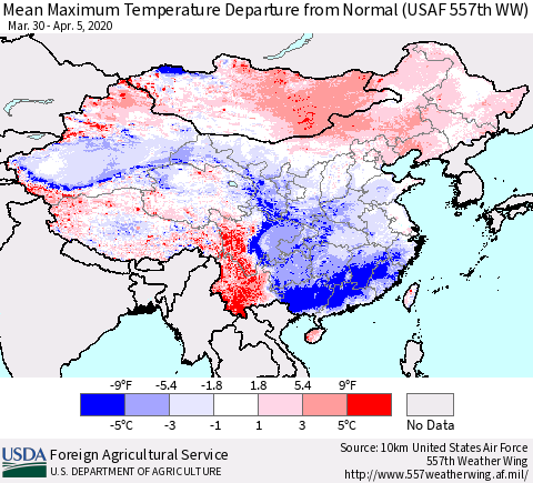 China, Mongolia and Taiwan Mean Maximum Temperature Departure from Normal (USAF 557th WW) Thematic Map For 3/30/2020 - 4/5/2020