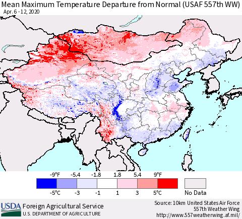 China, Mongolia and Taiwan Mean Maximum Temperature Departure from Normal (USAF 557th WW) Thematic Map For 4/6/2020 - 4/12/2020