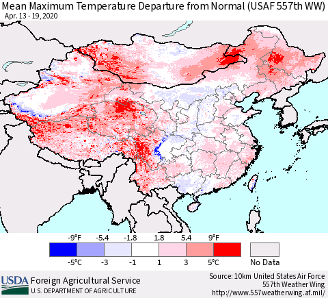 China, Mongolia and Taiwan Mean Maximum Temperature Departure from Normal (USAF 557th WW) Thematic Map For 4/13/2020 - 4/19/2020