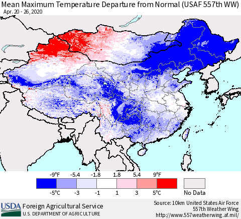 China, Mongolia and Taiwan Mean Maximum Temperature Departure from Normal (USAF 557th WW) Thematic Map For 4/20/2020 - 4/26/2020